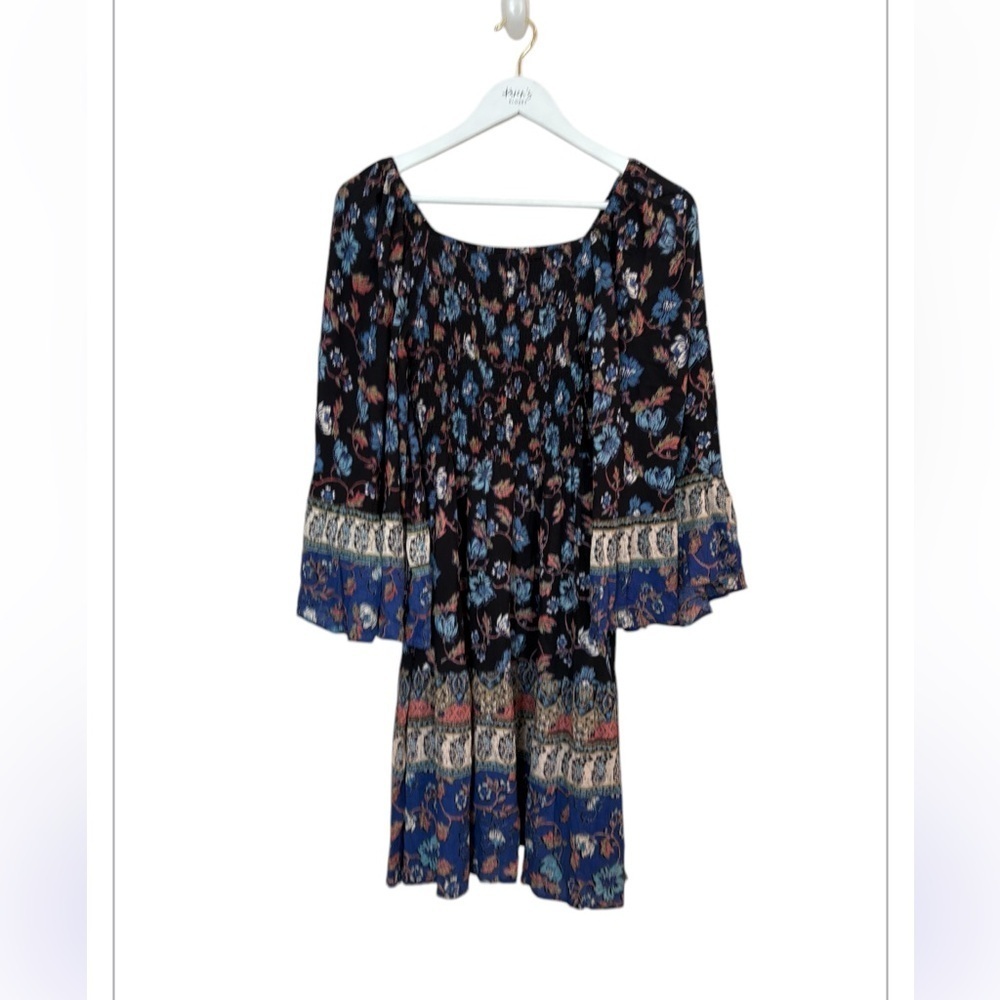 Angie Floral Flare Sleeve Blue Ruffle Smocked Boho Cottagecore Dress  Size M - Picture 2 of 16